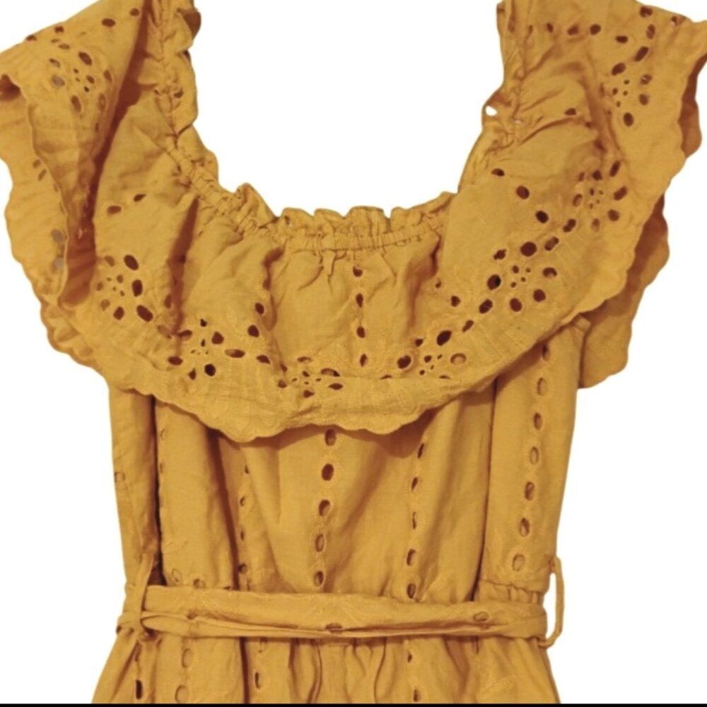 Simplee Dress Mustard Cotton Off Shoulder Ruffle Eyelet Cottage Prairie Peasant - Picture 11 of 14